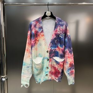 Kvinnors stickor Tees Borvemays Tie Dye Printing Sticking Sweater V Neck SingleBreasted Long Sleeve Personality Hole Autumn Cardigan WZ5692 230906