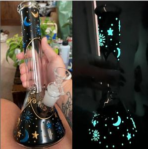 Straight Tube Bong Hookahs Glow in The Dark 14mm Big glass Water Bongs Waterpipes Recycler Oil Rigs Midnight Celestial