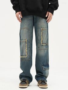 Mäns jeans yihanke amerikansk retro hår tvättkant multi -pocket rak höst nisch design fukt löst casual byxor