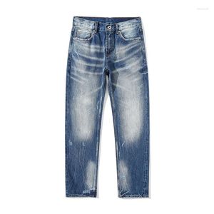 Men's Jeans Distressed Blue Washed Selvadge Japanese Vintage Heavy Baggy Straight Leg Moustache Painted Loose Ripped Denim