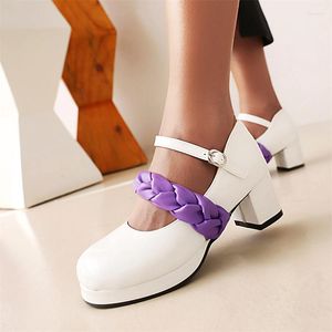 Dress Shoes YQBTDL OverSize 34-45 Block Heels Platform Pumps Women Weave Belt Wedding Shoe Candy Colors 2023 Spring Mary Jane Princess