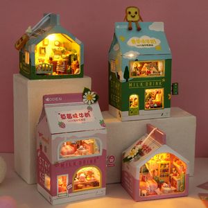 Doll House Accessories DIY Mini Cake Bedroom Strawberry Banana Milk Dollhouse Miniature Building Kits Toys Kawaii Doll House Birthday Gifts for Kids 230905