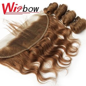 Parrucche sintetiche Bundel rambut manusia dengan gelombang tubuh Frontal Ombre bundel tenun keriting Brasil penutup 13x4 HD renda transparan 230905