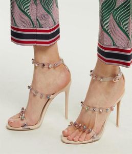 2022 Ladies Patent Deri Yüksek Topuk Sandalet Tokalı Gül Katı Pırlanta Süsleri Sophia Webster Peeptoe Şeffaf Gold237Z7693763