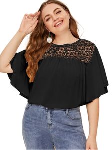 Women's Plus Size TShirt Summer Elegant Blouse Women Short Flare Sleeve Lace Panel Loose Top Tie Front Casual Tshirt Clothing 5XL 230905