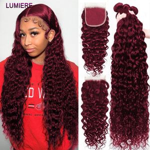 Synthetic Wigs 99j Bundel Gelombang Air Berwarna dengan Penutup dan Frontal HD Transparan Renda Ombre Burgundy Rambut Manusia 230905