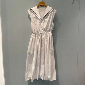 2023 Summer White Solid Color Dress Sleeveless V-Neck-knappar Knäslängd Casual Dresses S3S01M093