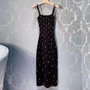 2023 Summer Black Solid Color Dress Sleeveless Square Neck Sticked Rhinestonekne-Lengen Casual Dresses S3S01M093