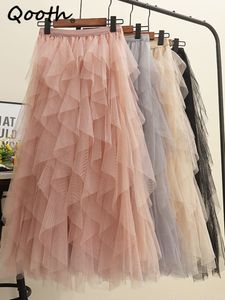 Kjolar Qooth Women Tulle Cake Mesh kjol Elegant Elastic midja Fairy Long A-line Tutu kjol för vår sommaren qt2138 230907