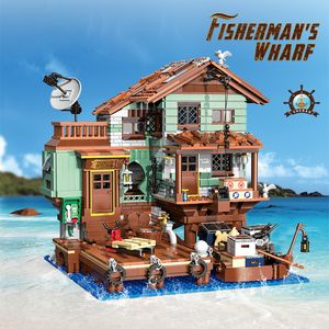 Aeronave Modle 2100PCS Fisherman's Wharf Building Block Tree House Modelo Seaside Street View Barco Transporte Adulto Decoração de casa Brinquedos para crianças 230907