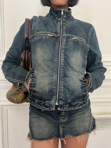 Giubbotti da donna 2023 Streetwear Cappotti di jeans sexy per le donne Autunno Colletto alla coreana Manica lunga Cerniera Slim Fit Jeans Capispalla Blu Y2K