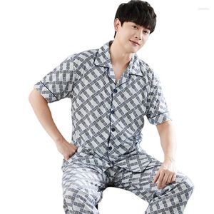 Erkekler Sweetwear Saf Pamuk Pijamaları İlkbahar ve Yaz Kısa kollu gece aşınması Sonbahar İnce Düğme Ev Takımı Elastik Bel Pantolon