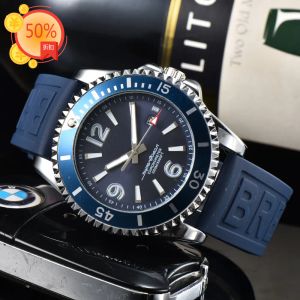 Herrklocka Super Quartz Endurance Chronograph 44mm Baby Blue Rubber Men Breit Watches Hardex Glass Wristwatches BR2