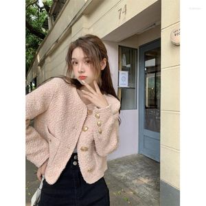 Women's Jackets Fashion Autumn O-neck Long Sleeve Pink Short Tweed Woolen Jacket Coat SML