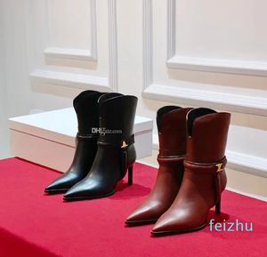 Botas de tornozelo deslizamento-on apontou toe bota saltos stiletto sola de couro botas femininas designer de luxo calçados de fábrica ocidental tamanho 35-40