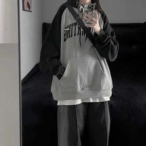 Felpa con cappuccio patchwork Deeptown Harajuku Kpop da donna Felpa con stampa di lettere vintage streetwear da donna Top grigio oversize retrò americano femminile