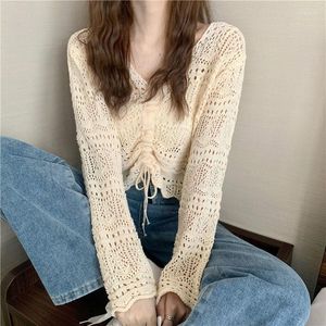 Kvinnors tröjor Beige Sexig ihålig bandage Spring Pullover Kort tröja Löst kappa Casual Tygflicka T-shirt Toppar Kläder för Women Lady