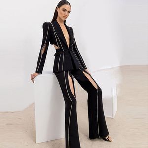 Women's Two Piece Pants 2023 Fashion Style Celebrity Temperament Hollowed-out Nail Drill Suit Coat Two-piece Set