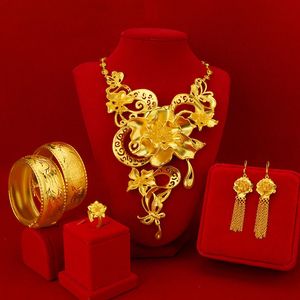 Conjuntos de jóias de casamento luxo premium conjunto de jóias de casamento banhado a ouro delonix regia lindo luz luxo noiva imitação ouro ornamento jóias de ouro 230906