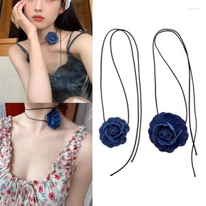 Choker 2pcs Elegant Blue Camellias Flower Collar Necklace Vintage Necklaces Temperament Long Strap Jewelry