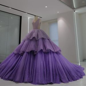 Casual Dresses Glitter Tulle Purple Ball Gown Formal Extra Puffy Tiered Ruffles Bridal Wedding Gowns Handmade Chic Celebrity Dress