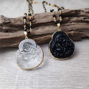 Chains FUWO Wholesale Synthetic Quartz Maitreya Necklace Golden Plated Glass Buddha With Black Beads Winding Chain 5Pcs/Lot NC103