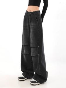 Jeans da donna Pantaloni larghi neri retrò americani larghi a gamba larga Pantaloni a vita alta pieghettati in cotone a tutta lunghezza Gyaru Korea Fashion Streetwear Gothic