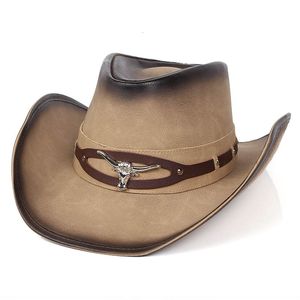 Breda brimhattar Bucket Leather Western Cowboy Hat Men's Gentleman Godfather Pu Material Panama Jazz Sombrero Para Hombres 230907