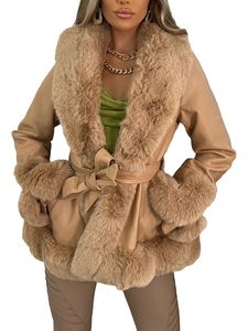 Giacca da donna elegante in misto lana in ecopelle con colletto in peluche e parka corto alla moda aperto sul davanti con cintura con pelliccia calda 230906