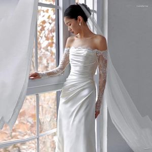 Abiti etnici eleganti abiti da sposa a coda di pesce in pizzo bianco satinato 2023 abito da festa a maniche lunghe da donna Vestido De Novia