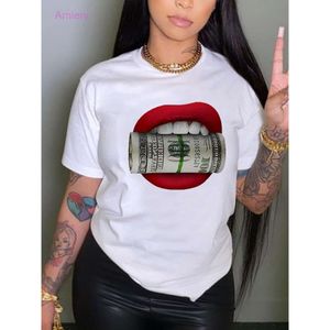 女性のTシャツデザイナートップ半袖丸い首の白い唇米ドル印刷Tシャツファッションインターナショナルステーショントップ