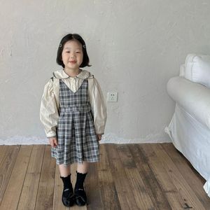 Clothing Sets Girls Set Preppy Style 2023 Spring Autumn Fashionable Shirt Plaid Suspenders Dress Girl Baby Sweet Two-piece