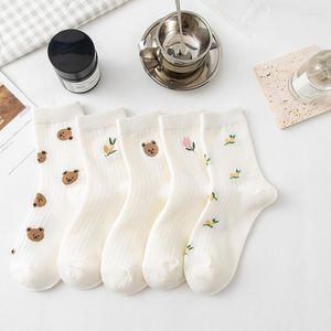 5 Pairs Women's Summer White Cotton Crew Socks with Cartoon Teddy Bear Embroidery