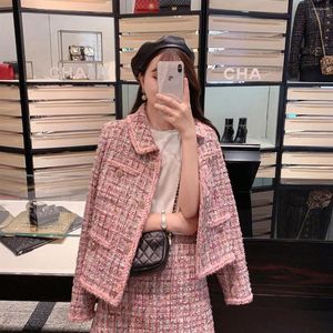 Jaquetas femininas Leiouna outono rosa tweed casaco feminino para mulheres ternos saia elegante estilo socialite terno conjunto de duas peças chanda287a