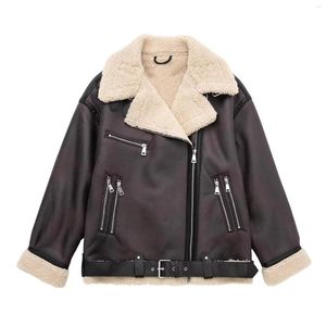 Women's Jackets 2023 Winter Brown Thickened Warm Fleece Leather Moto Biker Jacket Bomber Women Belt Zipper Pocket Lamb Wool Inner