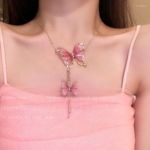 Pendant Necklaces Women's Trendy Colorful Butterfly Necklace Imitated Pearl Zirconia Jewellery Long Tassels Neck Chain Korean Style Jewelry