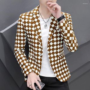 Ternos masculinos moda tendência xadrez impressão blazer jaqueta design primavera outono elegante casual masculino fino ajuste terno casaco