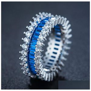 Anéis de casamento atacado jóias de luxo 10kt branco ouro cheio princesa corte azul safira cz diamante pedras preciosas casamento mulheres banda anel dhp3f