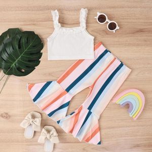 Clothing Sets FOCUSNORM 2pcs Toddler Girls Summer Clothes Ruffles Sleeveless Sling Vest Colorful Striped Flared Pants