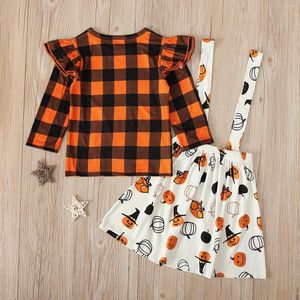 Conjuntos de roupas Halloween Bebê Meninas Abóbora Criança Manga Longa Xadrez Tops Camiseta Estampa Suspender Saias Outfits