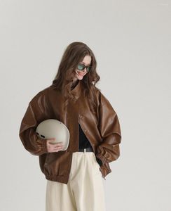 Women's Leather Zipper Down Classic Faux Jacket Minimalist Style Brown Motorcycle