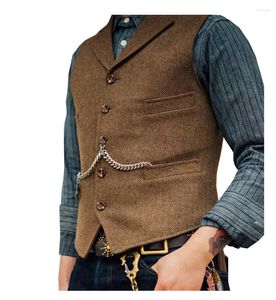 Men's Vests Tweed Business Waistcoat Jacket Suit Vest Brown Wedding WoolCasual Slim Fit Gilet Homme For Groosmen Man