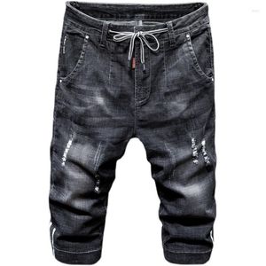 Men's Jeans Perforated Denim Shorts Cropped Pants With Lace Up Vintage Stretch Loose Oversized Harlem Trend