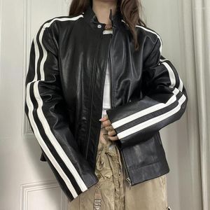 Women's Jackets Y2k Striped PU Leather Zipper Black Punk Fashion Coat Gothic Streetwear Vintage Autumn Winter Harajuku Outwear