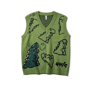 Deeptown Korean Style Dinosaur Print Green Sweater Vest Women Kawaii Harajuku Crewneck Black Jumper Pullover Kvinnliga söta toppar