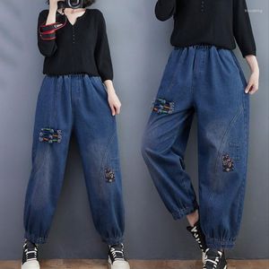 Kvinnors jeans ankomst vårens höstkonst stil kvinnor elastisk midja lös vintage blå knapp design bomull denim harem byxor p129