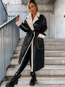 Womens Wool Blends Faux Leather Panelled Turndown Collar Overcoat Women Warm Long Sleeve Loose Female Coats Office Lady Elegant Pocket Coat 230906