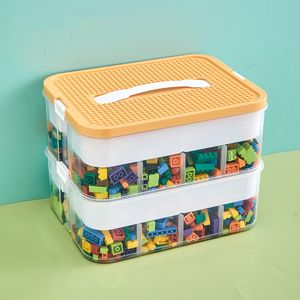 Storage Boxes Bins 2 Layer Kids Building Blocks Box Adjustable LegoCompatible Container Plastic with Handle Grid Toy Organizer 230907