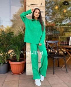 New european fashion women's turn down collar knitted loose sweater and wide leg long pants twinset 2 pc pants suit SML