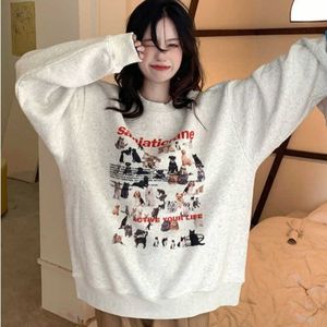 Deeptown Preppy Style Graphic Grey Sweatshirt Women Korean Fashion Cartoon Hoodie Oversize Vintage Streetwear Long Sleeve Top